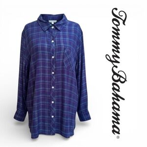 Tommy Bahama Shirt Women Indigo Palms Blue Plaid Viscose Size XL NWT